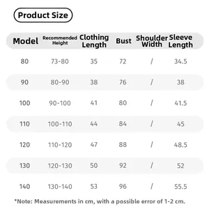 Detailed size chart for kids' sweatshirts showing height and body measurements in cm