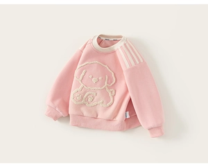 Detail of pink toddler sweatshirt featuring a fluffy white dog embroidery and shoulder stripes
