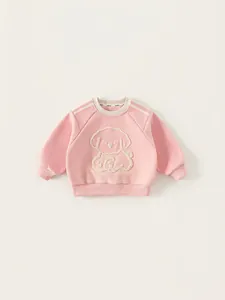 Girls Long Sleeve Cotton Blend Sweatshirt Cartoon Dog Embroidery Round Neck Pink Pullover Kids Top