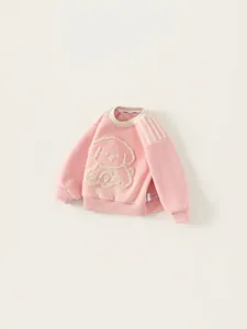 Pink toddler sweatshirt with 3D puppy embroidery and white shoulder stripes
