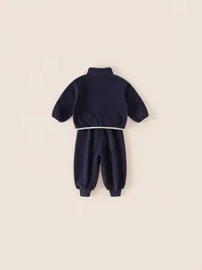 Kids navy fleece tracksuit set with zip-up jacket and joggers, back view flat lay