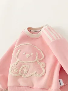 Pink cotton sweatshirt for toddler girls with a textured puppy embroidery and striped sleeves