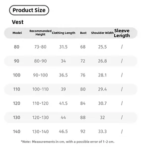 Detailed size chart for children's vest showing height, length, chest and shoulder measurements