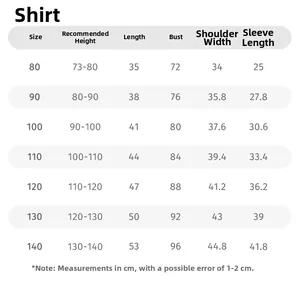 Detailed size chart for children's casual shirt showing length and chest measurements