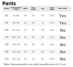 Detailed size chart for kids pants from 73cm to 140cm with measurements in centimeters