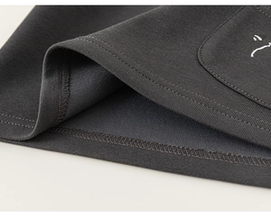 Close-up of high-quality charcoal gray ribbed knit cuffs with precise white embroidery detail