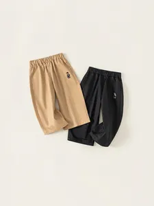 Pantalon Décontracté en Coton pour Garçons Broderie d'Ours Taille Élastique Pantalon Droit Mode Printemps Automne