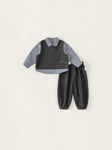 Boys Three Piece Clothing Set Cotton Plaid Long Sleeve Shirt Button Vest And Pants British Academy Style Casual Kids Suit