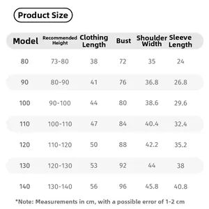 Detailed size chart with height, chest and length measurements for kids long sleeve t-shirts