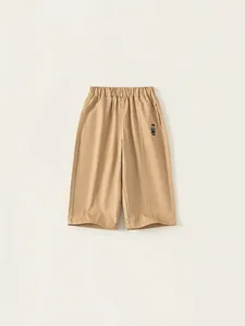 Pantalon décontracté kaki pour enfants avec taille élastique et broderie ours mignonne