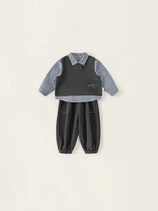 Three-piece toddler boy outfit with blue plaid shirt, grey vest, and matching casual pants