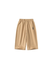 Pantalon enfant en coton kaki avec taille élastique et broderie ours, style jambe droite
