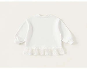 Close-up of girls' white long-sleeved shirt featuring exquisite lace embroidery hemline