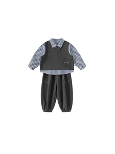 Three-piece boys casual outfit with blue plaid shirt, gray vest and matching joggers