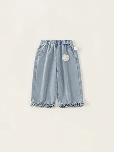Girls Sweet Denim Jeans Ruffle Hem Washed Cotton Blend Pants With Lace Patch Bow Detail Casual Elastic Waist Trousers