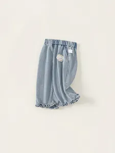 Girls light blue denim jeans with elastic waist and lace embroidery floral details