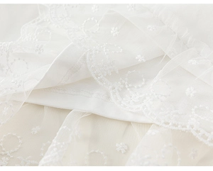 Detail view of the elegant white lace floral embroidery and mesh layering on girl t-shirt