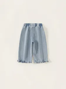 Girls light blue ruffle hem denim jeans with elastic high waist and wide leg cut