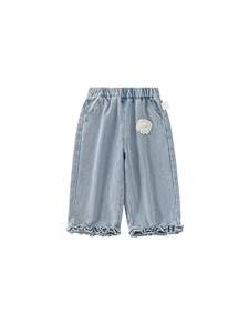 Girls light blue denim pants with elastic high waist and white lace embroidery details