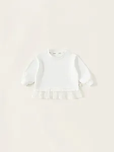 Girls Cotton Long Sleeve T-Shirt With Lace Hem Mesh Patchwork Sweet Floral Embroidery White Bottoming Shirt For Kids