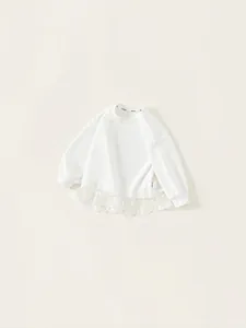 White long sleeve cotton t-shirt for girls featuring sweet double-layered lace hem trim