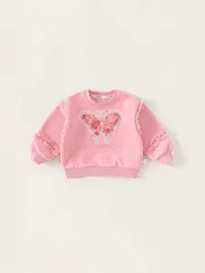 Girls Sweet Sweatshirt Cotton Blend Long Sleeve Round Neck 3D Butterfly Patch Mesh Ruffle Artificial Pearls Decor Spring Autumn