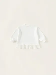 Girls long sleeve white cotton T-shirt with double-layered lace mesh and flower embroidery