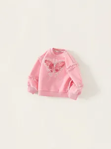 Pink long-sleeve sweatshirt for girls with butterfly embroidery and ruffle sleeves