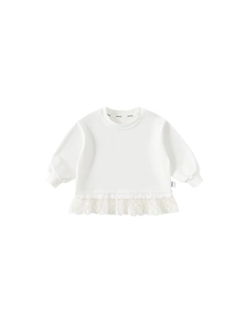 Girl's white long sleeve shirt with delicate lace trim and ribbed cuffs on white background