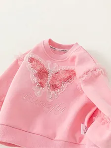 Pink girl long sleeve sweatshirt with sequin butterfly embroidery and floral detail