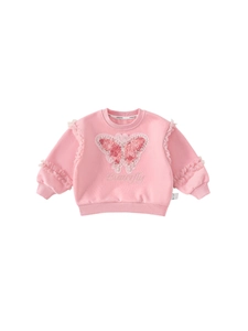 Pink long sleeve girls sweatshirt with butterfly lace embroidery and ruffled shoulders
