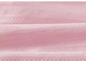Detailed close-up of light pink fabric featuring delicate horizontal lace embroidery textures