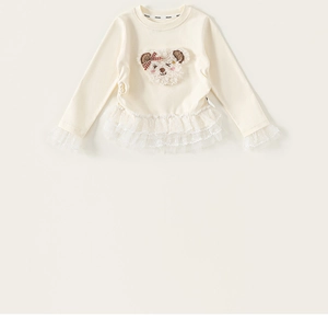 Detail of cream long-sleeve kids top with plush bear embroidery and white polka dot lace trim