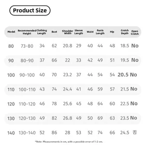 Detailed size chart for children's outfit including height and body measurements in cm