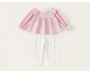 Detail of pink striped shirt with Peter Pan collar and ruffled white leggings