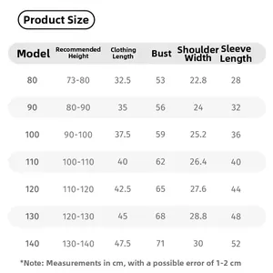 Detailed size chart for girls color-block long sleeve t-shirt including measurements