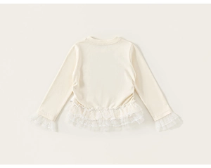 Detailed close-up of girls' long sleeve tee with delicate lace trim and polka dot mesh