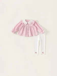 Toddler Girls Sweet Rabbit Embroidery Long Sleeve Shirt And Long Pants Outfits Pink Peter Pan Collar Clothing