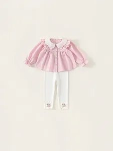Pink toddler girl outfit with embroidered bunny collar and white pants two-piece set