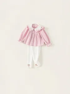 Girl's pink striped cotton blouse with Peter Pan collar and white bunny trousers set