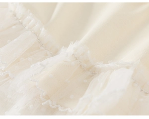 Detail of soft beige cotton fabric with tiered lace mesh and flocked polka dot texture