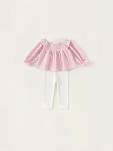 Sweet pink long-sleeve shirt with Peter Pan collar and white leggings set for girls