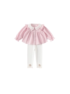 Pink Peter Pan collar shirt with rabbit embroidery and white leggings two-piece set