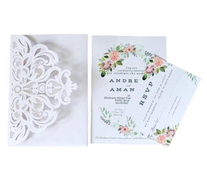 Elegant white laser-cut wedding invitation set with floral inner card and RSVP card
