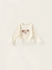 Girls Sweet Cotton Long Sleeve T-Shirt With Lace Trim Polka Dot Mesh Hem Plush Bear Patch Princess Beige Top Kids Clothing