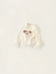 Girls long-sleeve beige cotton sweatshirt featuring 3D plush bear and lace trim details