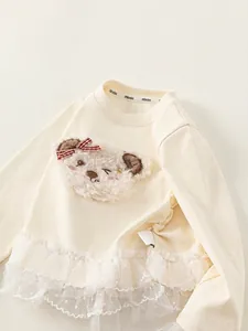 Girls long sleeve cotton top with plush bear embroidery and lace ruffle hem