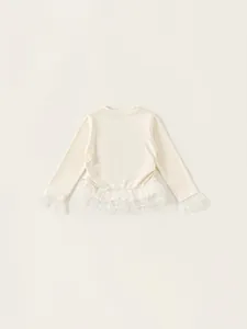 Girls long sleeve cream white t-shirt with delicate double layer lace trim and polka dots