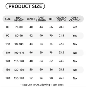Size chart for girls polka dot lace pants showing height waist and length measurements