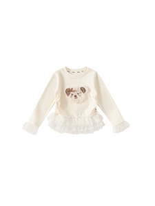 Girls long sleeve lace trim top in cream with plush bear patch and mesh ruffles